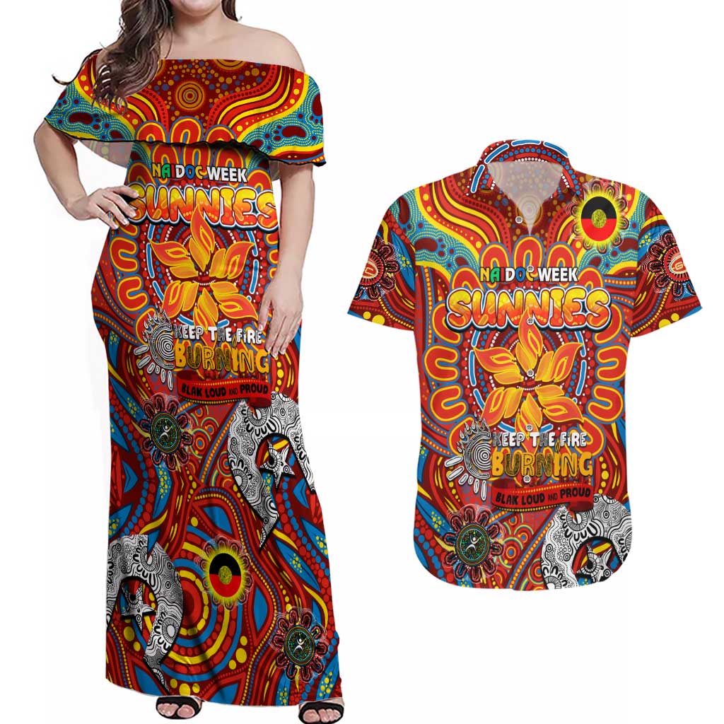 Custom Gold Coast Suns NAIDOC Week 2024 Couples Matching Off Shoulder Maxi Dress and Hawaiian Shirt Mascot Football