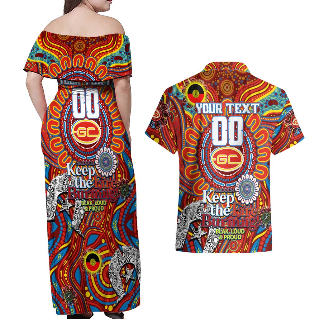 Custom Gold Coast Suns NAIDOC Week 2024 Couples Matching Off Shoulder Maxi Dress and Hawaiian Shirt Mascot Football