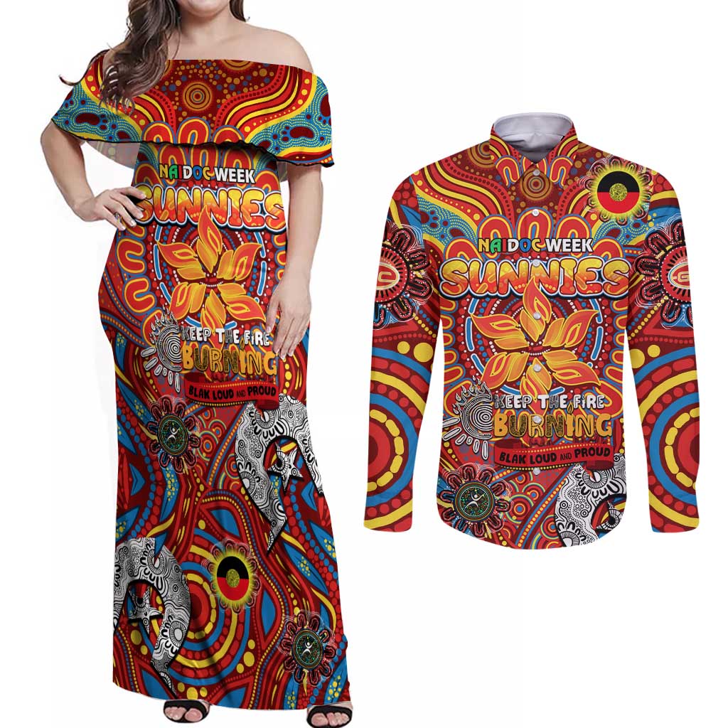 Custom Gold Coast Suns NAIDOC Week 2024 Couples Matching Off Shoulder Maxi Dress and Long Sleeve Button Shirt Mascot Football