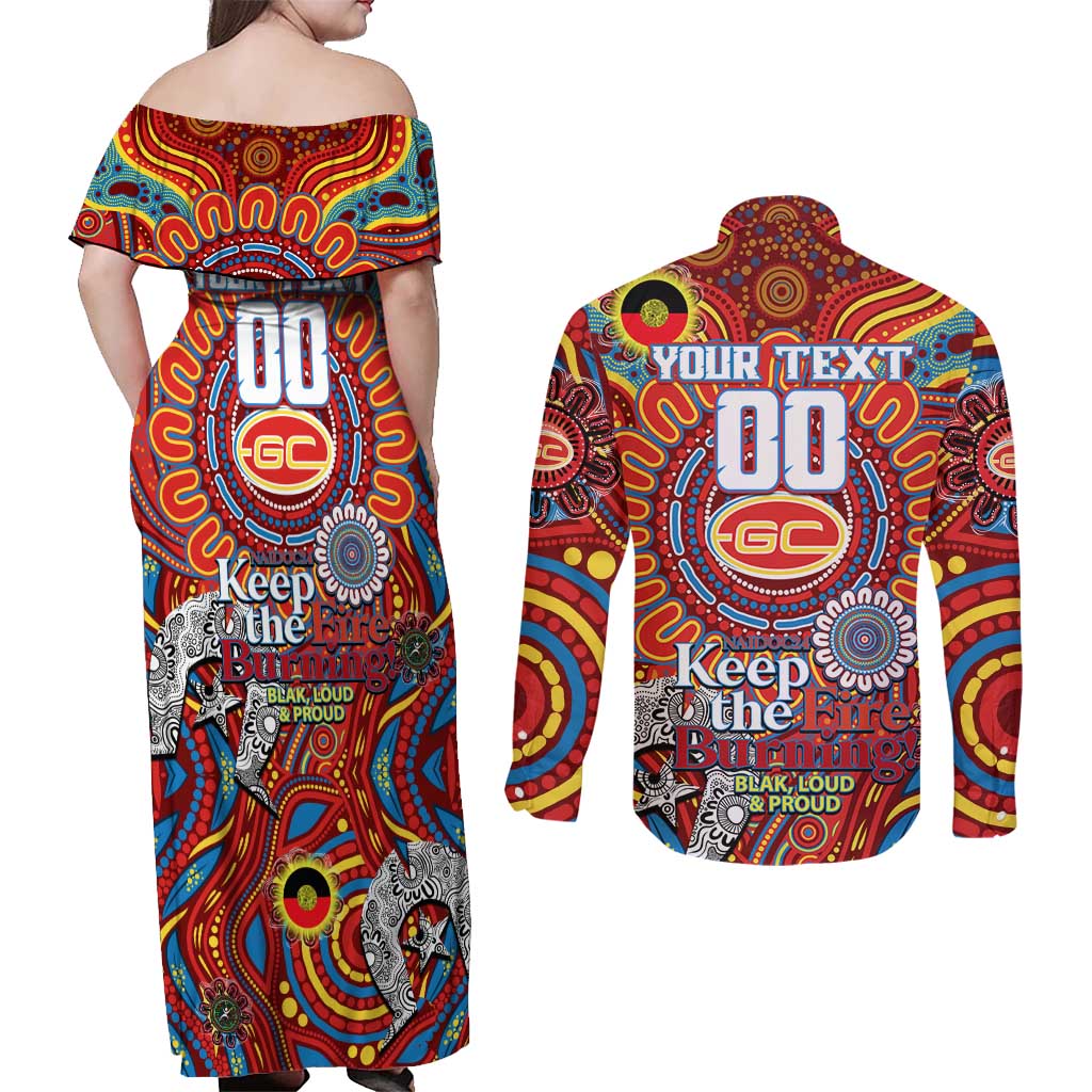 Custom Gold Coast Suns NAIDOC Week 2024 Couples Matching Off Shoulder Maxi Dress and Long Sleeve Button Shirt Mascot Football