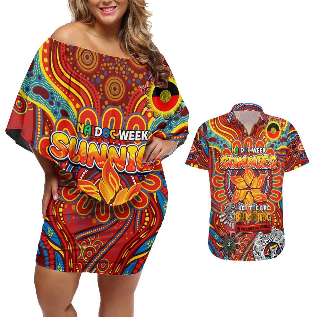 Custom Gold Coast Suns NAIDOC Week 2024 Couples Matching Off Shoulder Short Dress and Hawaiian Shirt Mascot Football