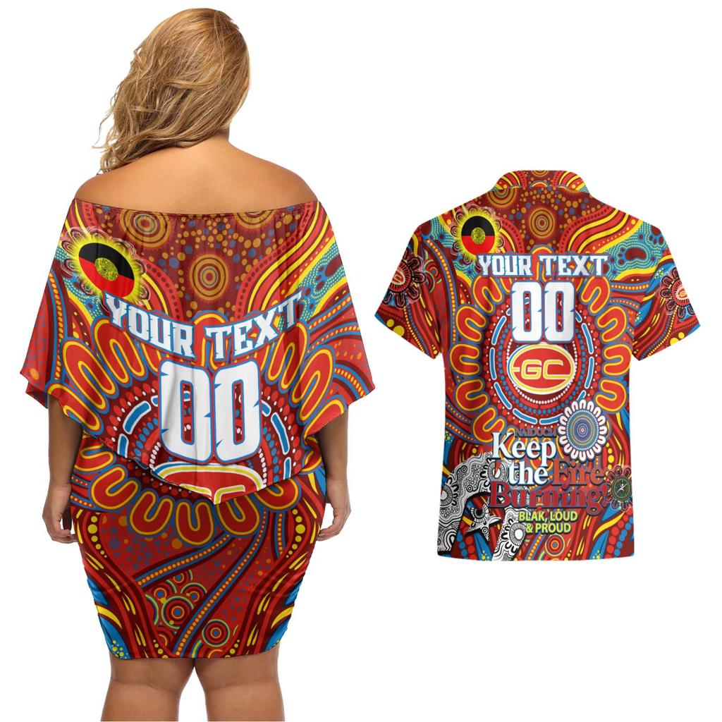 Custom Gold Coast Suns NAIDOC Week 2024 Couples Matching Off Shoulder Short Dress and Hawaiian Shirt Mascot Football