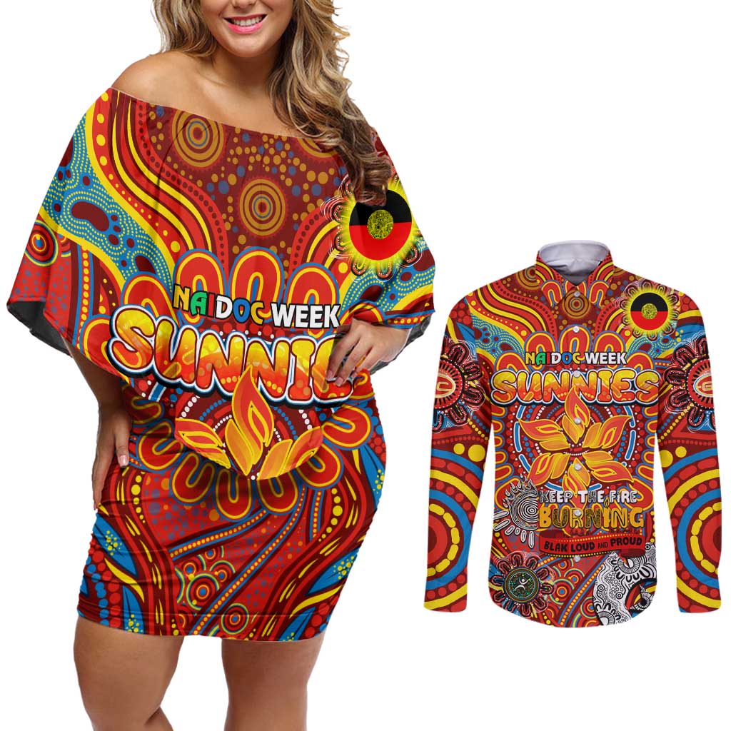 Custom Gold Coast Suns NAIDOC Week 2024 Couples Matching Off Shoulder Short Dress and Long Sleeve Button Shirt Mascot Football