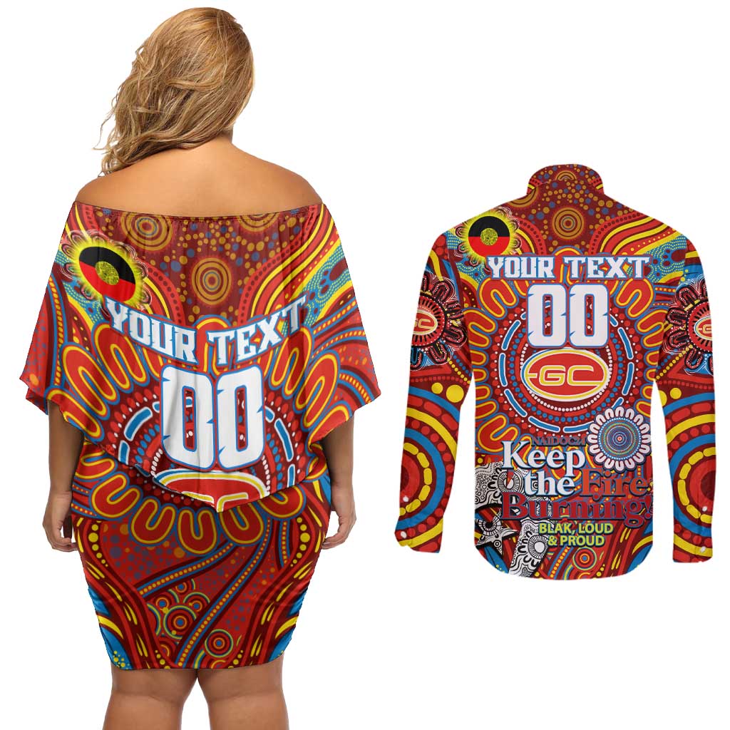 Custom Gold Coast Suns NAIDOC Week 2024 Couples Matching Off Shoulder Short Dress and Long Sleeve Button Shirt Mascot Football