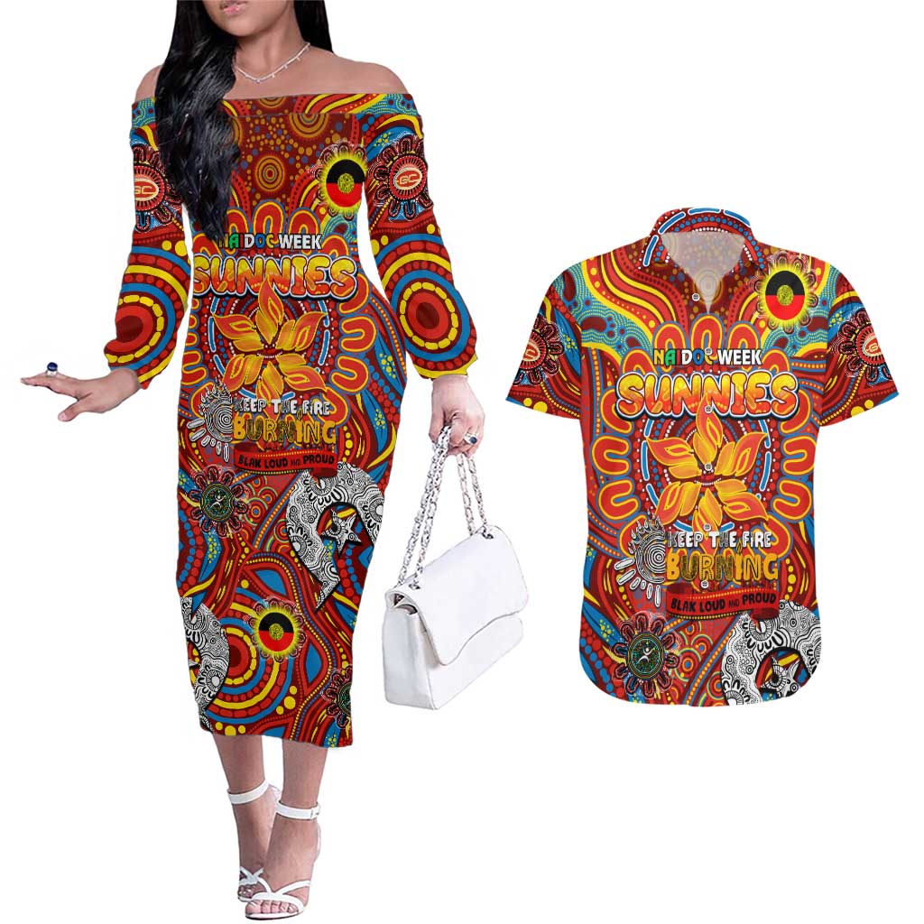 Custom Gold Coast Suns NAIDOC Week 2024 Couples Matching Off The Shoulder Long Sleeve Dress and Hawaiian Shirt Mascot Football