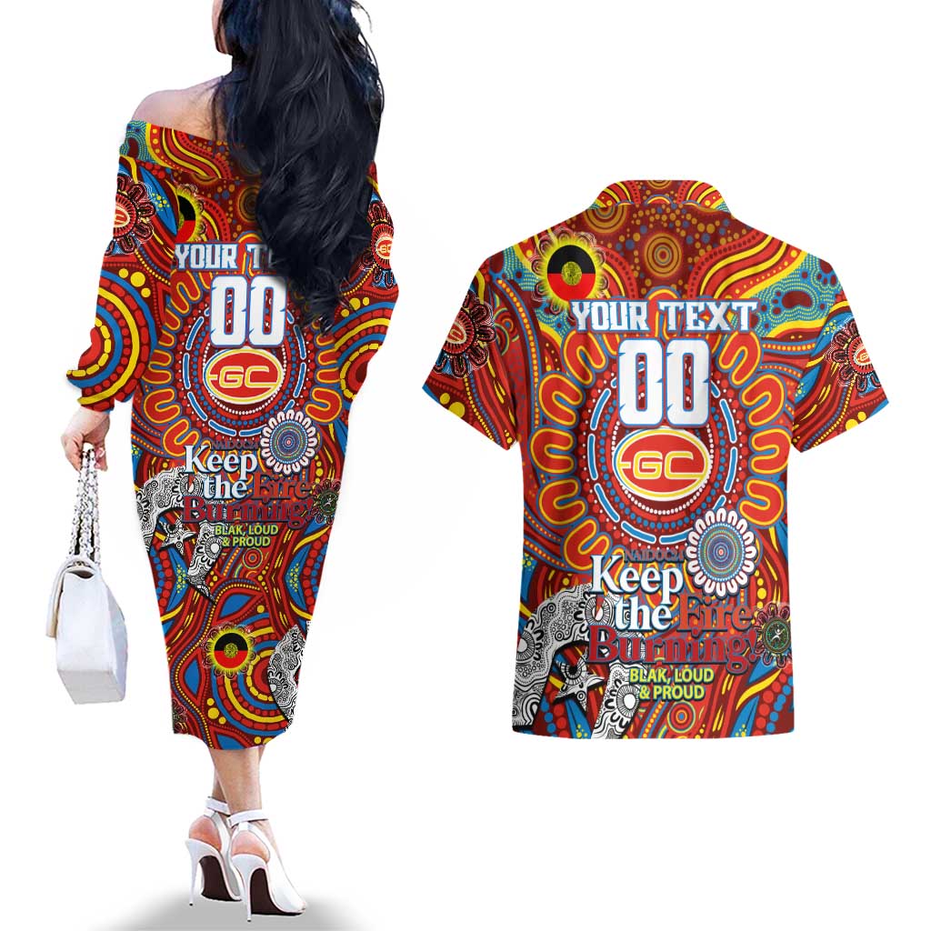 Custom Gold Coast Suns NAIDOC Week 2024 Couples Matching Off The Shoulder Long Sleeve Dress and Hawaiian Shirt Mascot Football