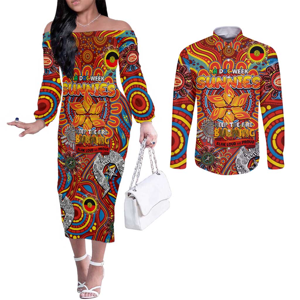 Custom Gold Coast Suns NAIDOC Week 2024 Couples Matching Off The Shoulder Long Sleeve Dress and Long Sleeve Button Shirt Mascot Football