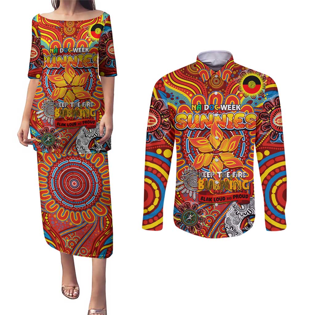 Custom Gold Coast Suns NAIDOC Week 2024 Couples Matching Puletasi and Long Sleeve Button Shirt Mascot Football
