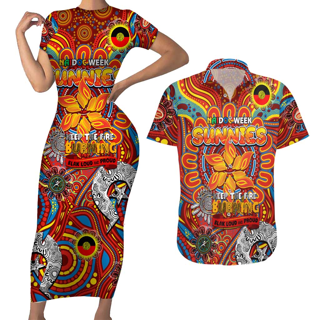 Custom Gold Coast Suns NAIDOC Week 2024 Couples Matching Short Sleeve Bodycon Dress and Hawaiian Shirt Mascot Football