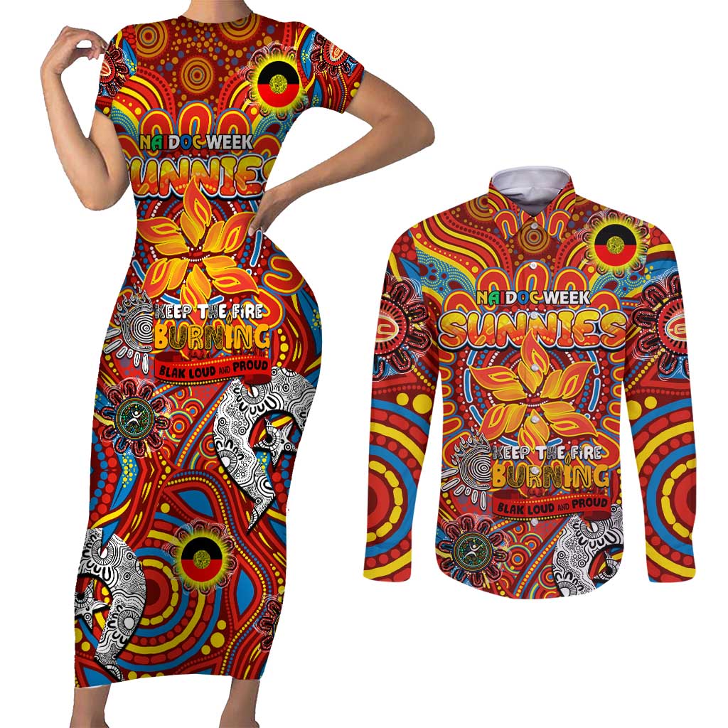 Custom Gold Coast Suns NAIDOC Week 2024 Couples Matching Short Sleeve Bodycon Dress and Long Sleeve Button Shirt Mascot Football