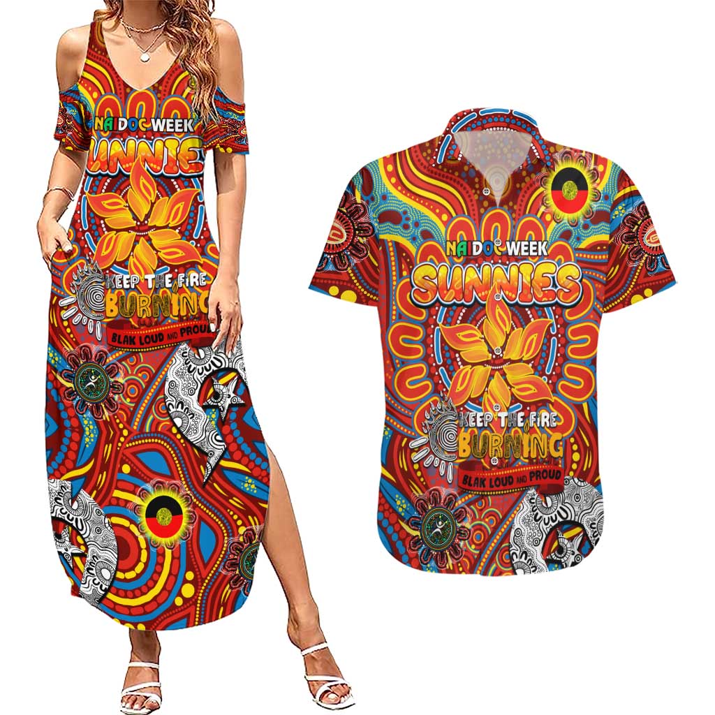 Custom Gold Coast Suns NAIDOC Week 2024 Couples Matching Summer Maxi Dress and Hawaiian Shirt Mascot Football