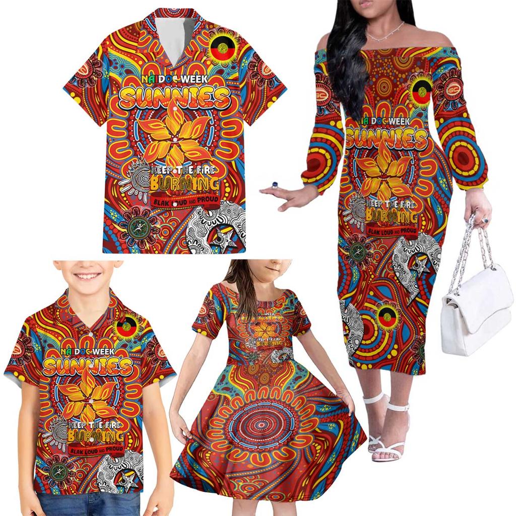 Custom Gold Coast Suns NAIDOC Week 2024 Family Matching Off The Shoulder Long Sleeve Dress and Hawaiian Shirt Mascot Football