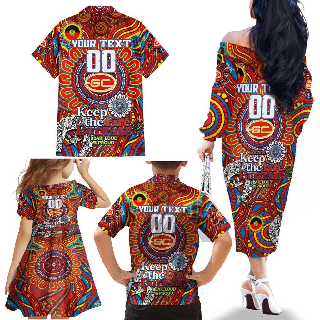 Custom Gold Coast Suns NAIDOC Week 2024 Family Matching Off The Shoulder Long Sleeve Dress and Hawaiian Shirt Mascot Football