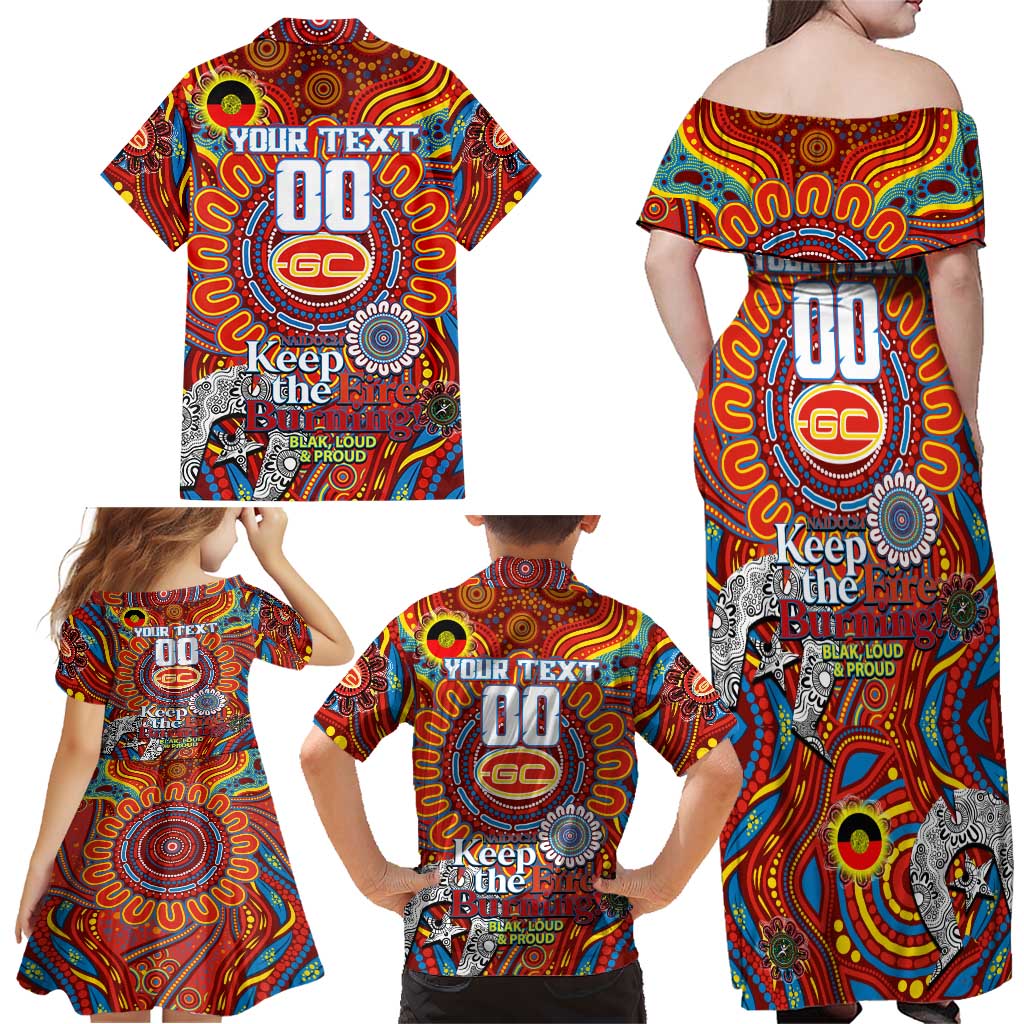 Custom Gold Coast Suns NAIDOC Week 2024 Family Matching Off Shoulder Maxi Dress and Hawaiian Shirt Mascot Football