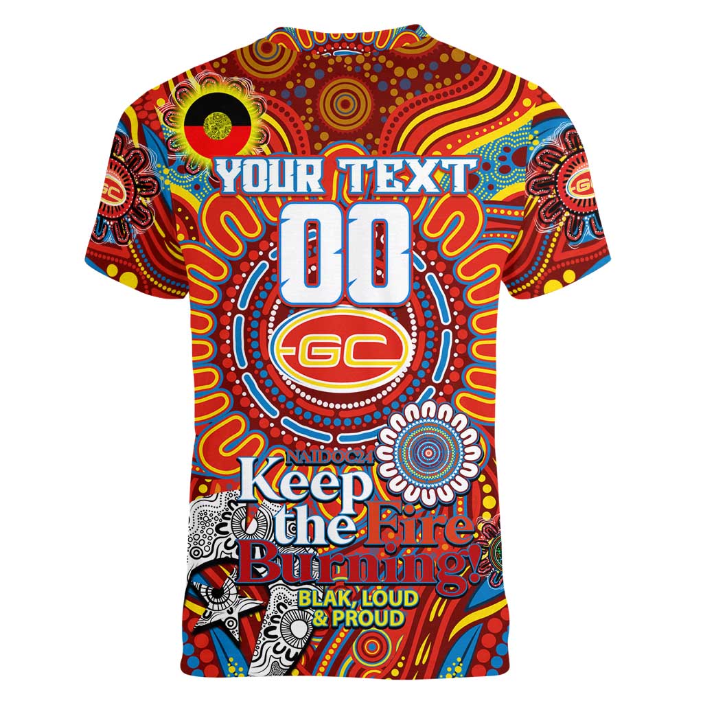 Custom Gold Coast Suns NAIDOC Week 2024 Women V-Neck T-Shirt Mascot Football