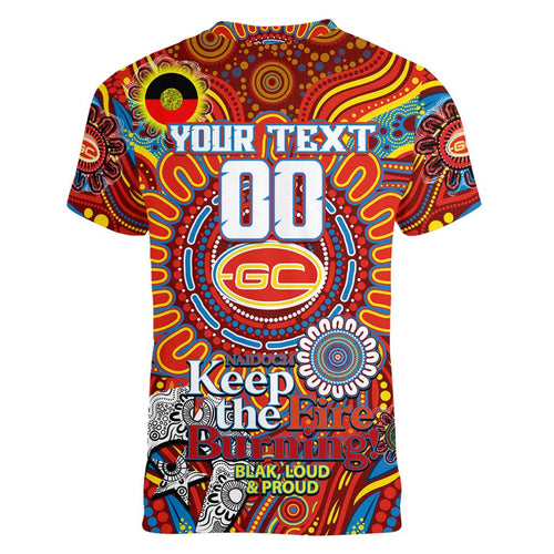 Custom Gold Coast Suns NAIDOC Week 2024 Women V-Neck T-Shirt Mascot Football
