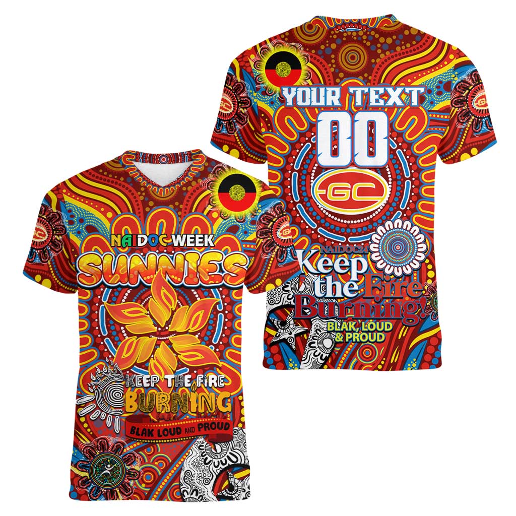 Custom Gold Coast Suns NAIDOC Week 2024 Women V-Neck T-Shirt Mascot Football