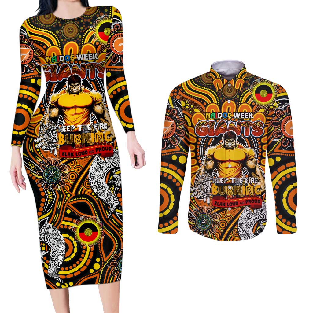 Custom GWS Giants NAIDOC Week 2024 Couples Matching Long Sleeve Bodycon Dress and Long Sleeve Button Shirt Mascot Football