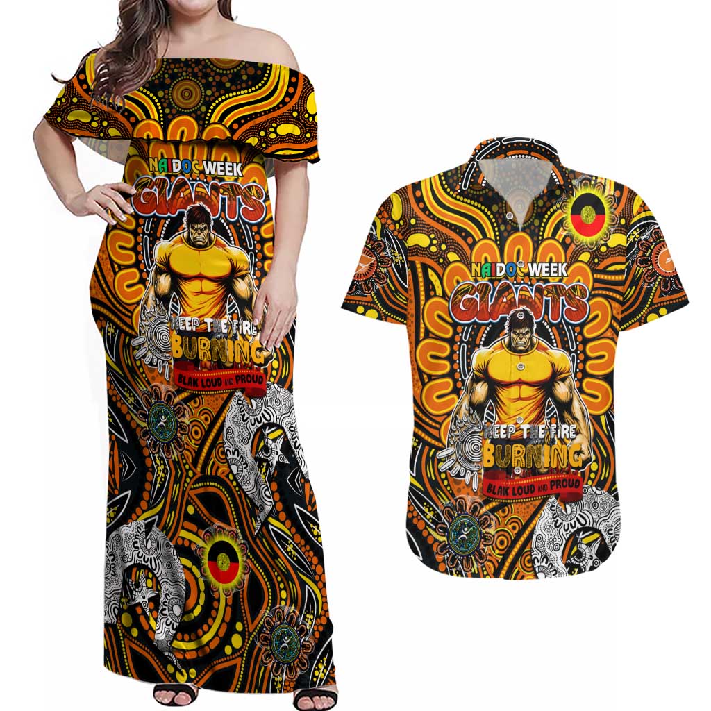 Custom GWS Giants NAIDOC Week 2024 Couples Matching Off Shoulder Maxi Dress and Hawaiian Shirt Mascot Football
