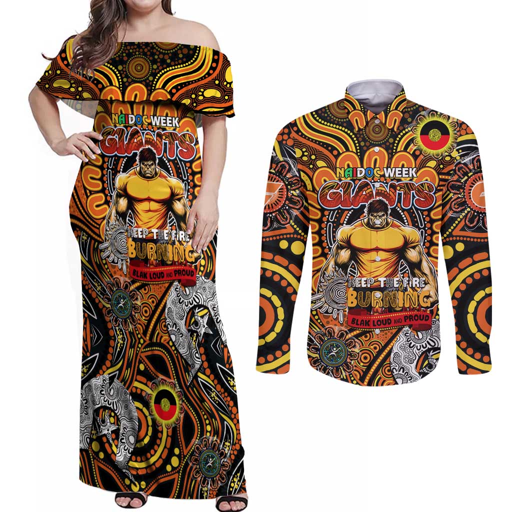 Custom GWS Giants NAIDOC Week 2024 Couples Matching Off Shoulder Maxi Dress and Long Sleeve Button Shirt Mascot Football