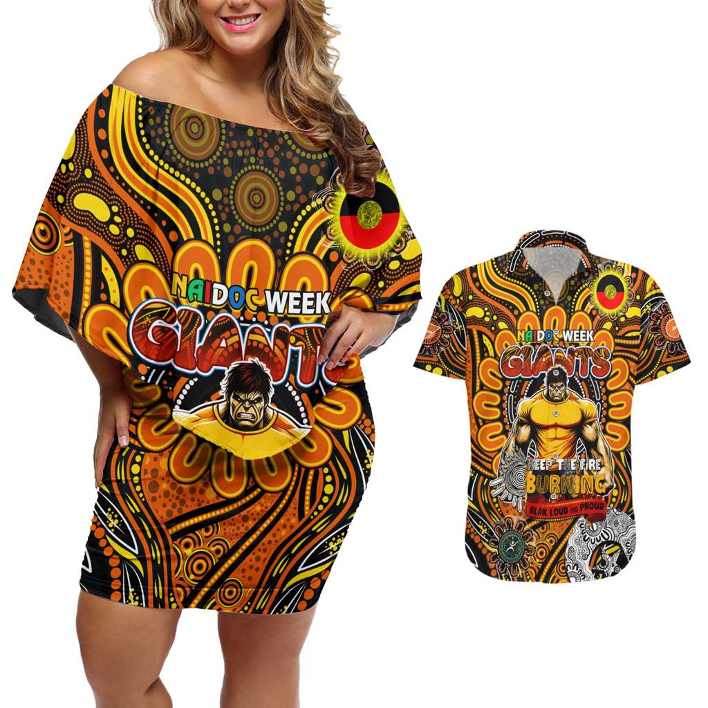 Custom GWS Giants NAIDOC Week 2024 Couples Matching Off Shoulder Short Dress and Hawaiian Shirt Mascot Football