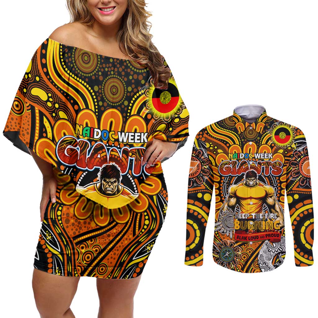 Custom GWS Giants NAIDOC Week 2024 Couples Matching Off Shoulder Short Dress and Long Sleeve Button Shirt Mascot Football