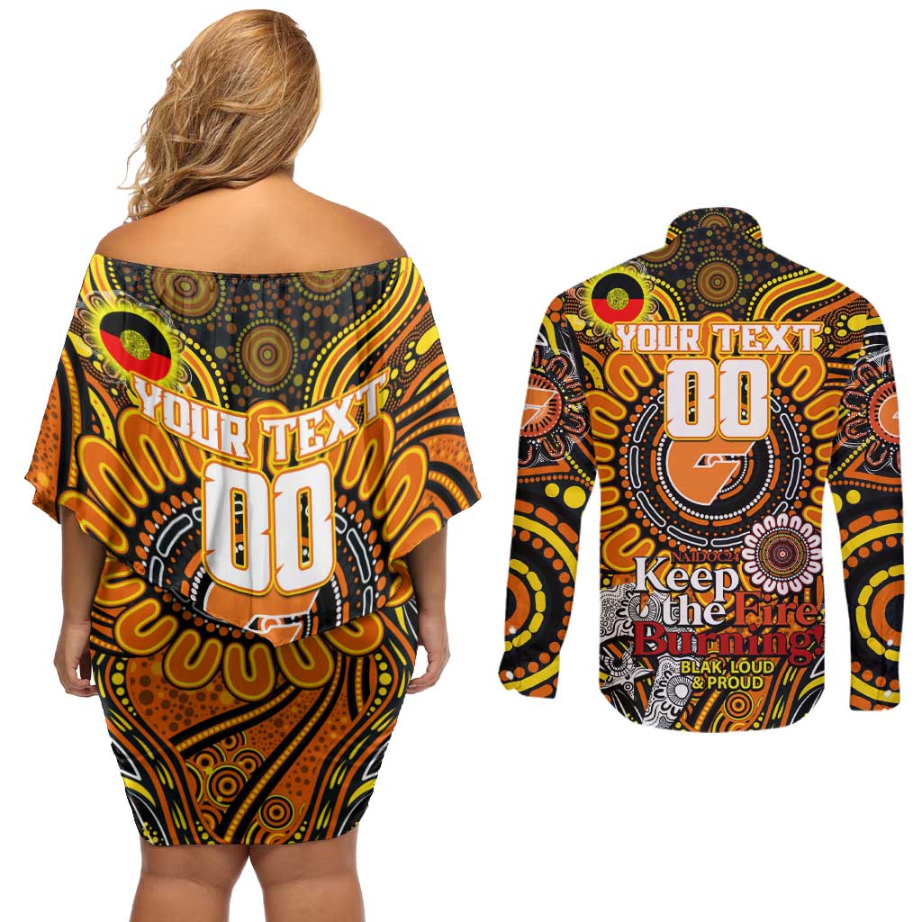 Custom GWS Giants NAIDOC Week 2024 Couples Matching Off Shoulder Short Dress and Long Sleeve Button Shirt Mascot Football