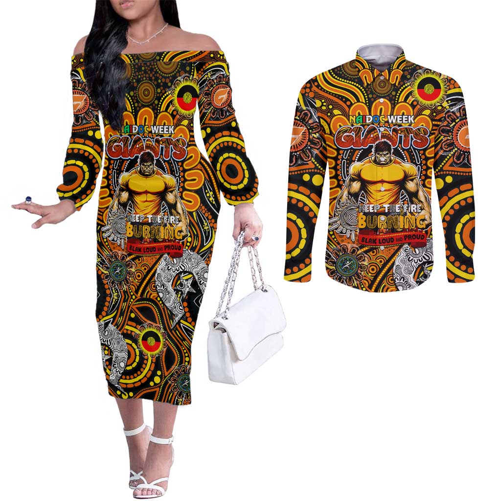 Custom GWS Giants NAIDOC Week 2024 Couples Matching Off The Shoulder Long Sleeve Dress and Long Sleeve Button Shirt Mascot Football