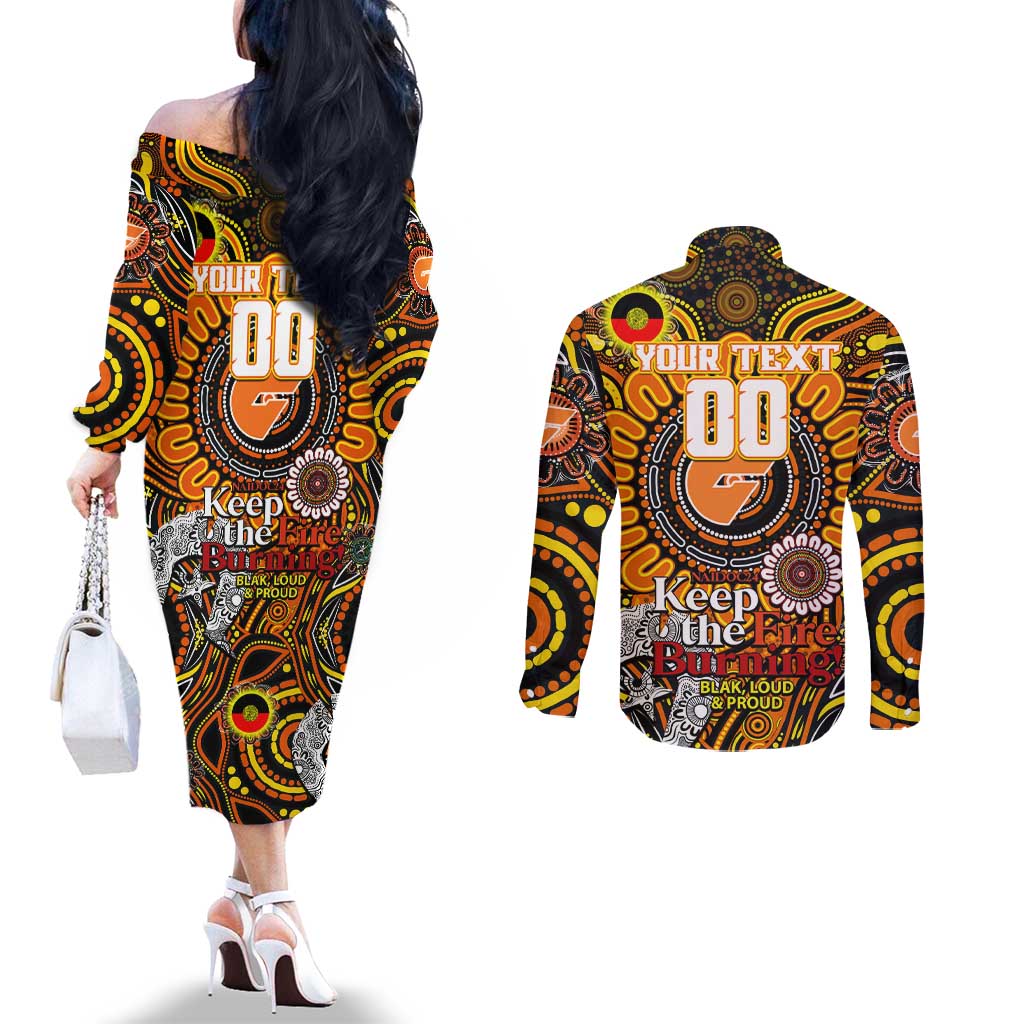 Custom GWS Giants NAIDOC Week 2024 Couples Matching Off The Shoulder Long Sleeve Dress and Long Sleeve Button Shirt Mascot Football
