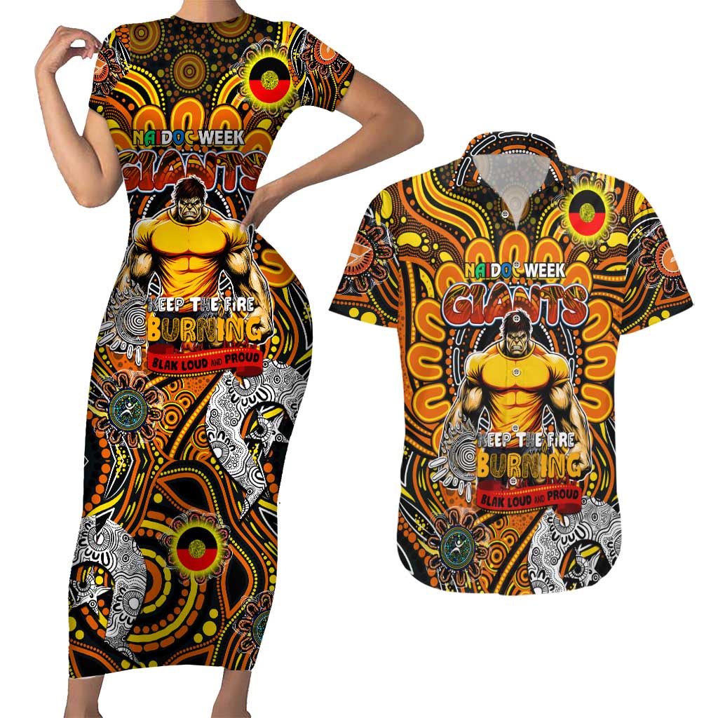Custom GWS Giants NAIDOC Week 2024 Couples Matching Short Sleeve Bodycon Dress and Hawaiian Shirt Mascot Football