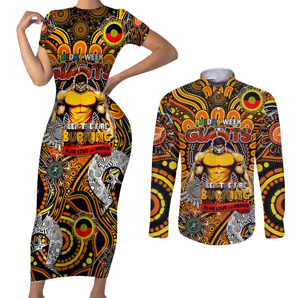 Custom GWS Giants NAIDOC Week 2024 Couples Matching Short Sleeve Bodycon Dress and Long Sleeve Button Shirt Mascot Football