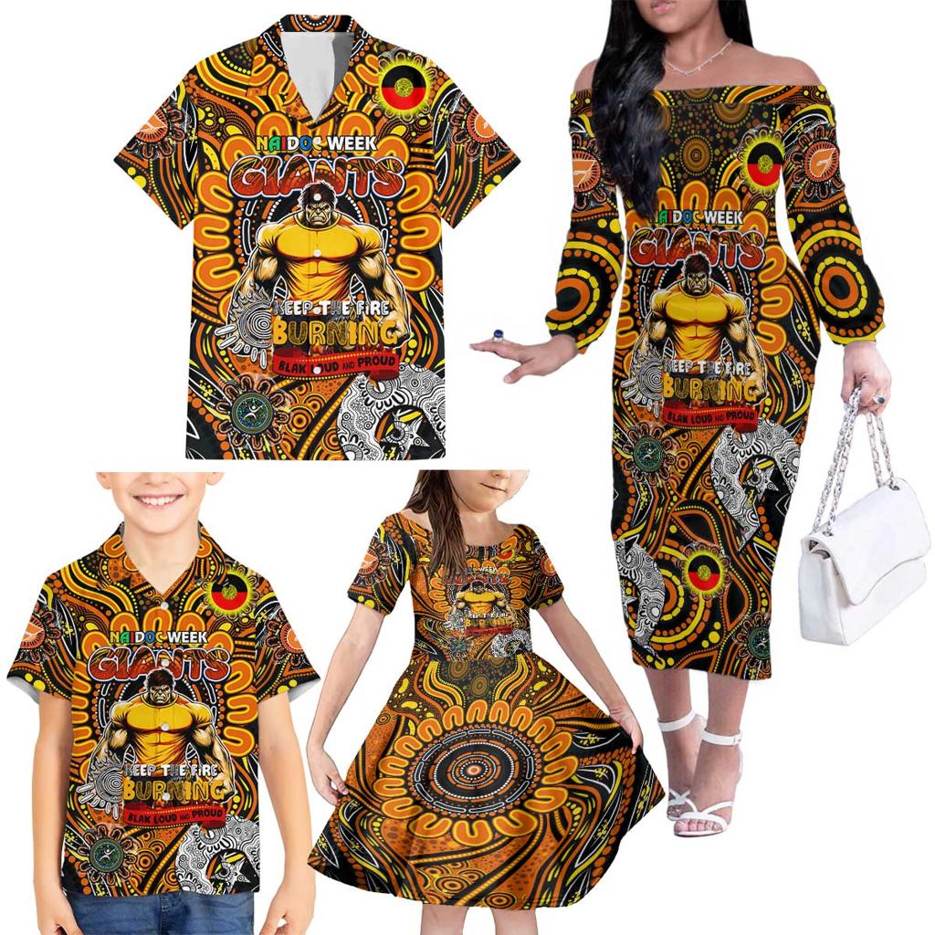 Custom GWS Giants NAIDOC Week 2024 Family Matching Off The Shoulder Long Sleeve Dress and Hawaiian Shirt Mascot Football