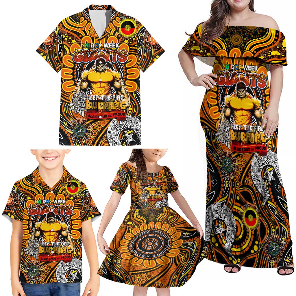 Custom GWS Giants NAIDOC Week 2024 Family Matching Off Shoulder Maxi Dress and Hawaiian Shirt Mascot Football