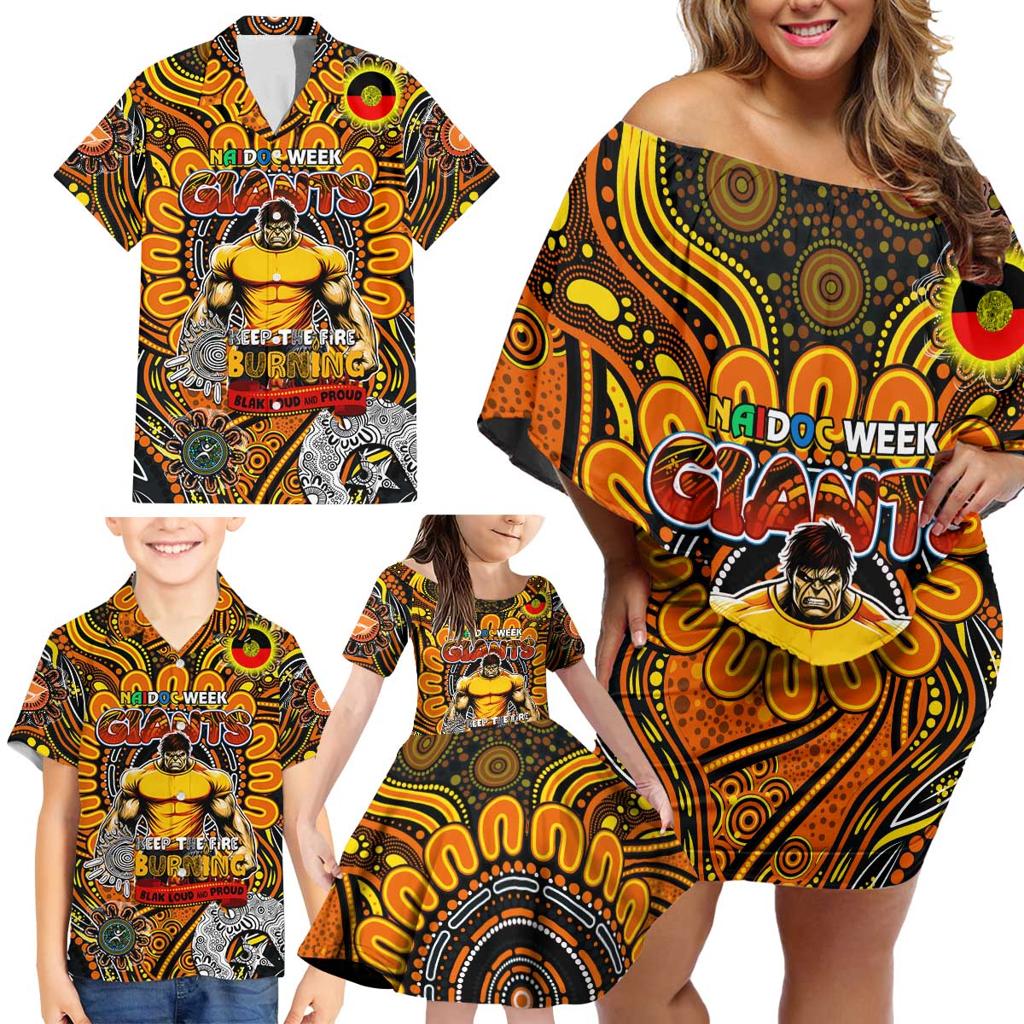 Custom GWS Giants NAIDOC Week 2024 Family Matching Off Shoulder Short Dress and Hawaiian Shirt Mascot Football