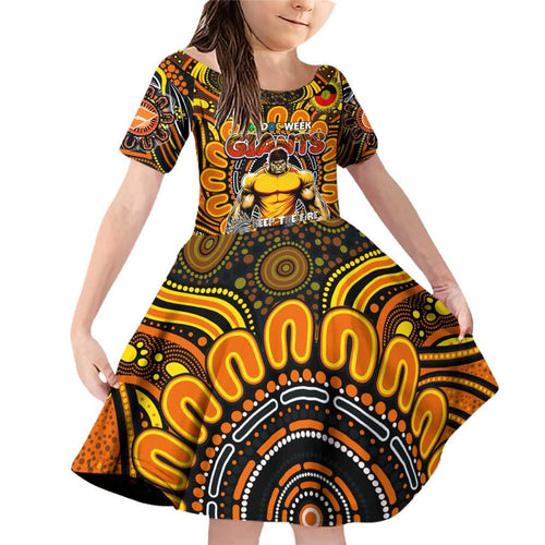 Custom GWS Giants NAIDOC Week 2024 Family Matching Off Shoulder Short Dress and Hawaiian Shirt Mascot Football