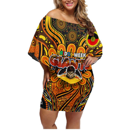 Custom GWS Giants NAIDOC Week 2024 Family Matching Off Shoulder Short Dress and Hawaiian Shirt Mascot Football