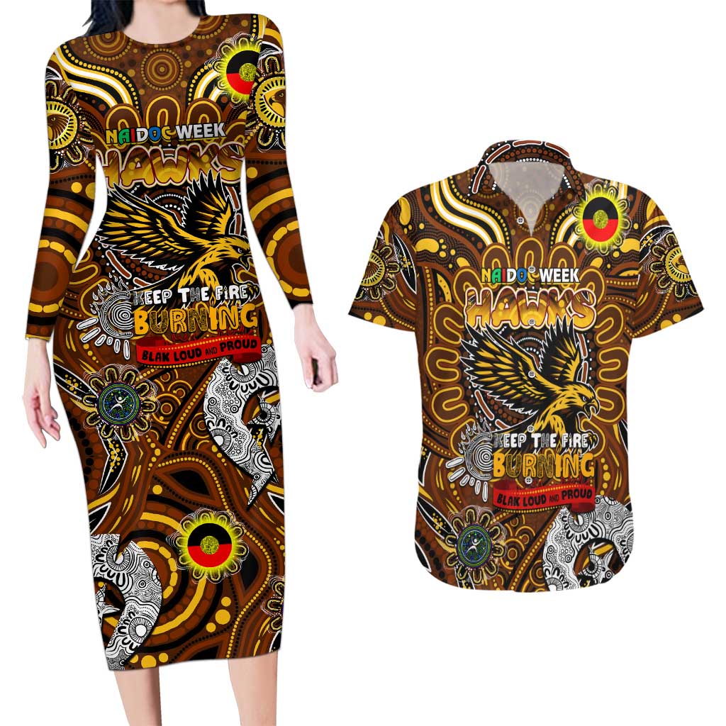 Custom Hawthorn Hawks NAIDOC Week 2024 Couples Matching Long Sleeve Bodycon Dress and Hawaiian Shirt Mascot Football