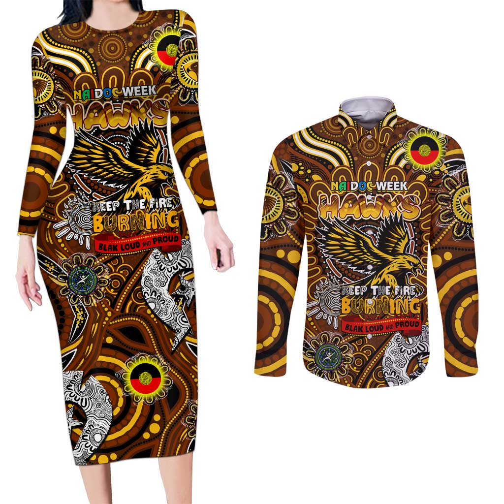 Custom Hawthorn Hawks NAIDOC Week 2024 Couples Matching Long Sleeve Bodycon Dress and Long Sleeve Button Shirt Mascot Football