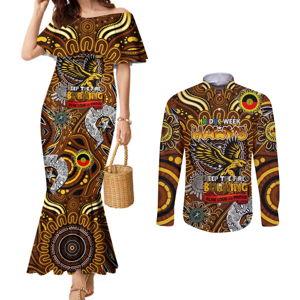 Custom Hawthorn Hawks NAIDOC Week 2024 Couples Matching Mermaid Dress and Long Sleeve Button Shirt Mascot Football