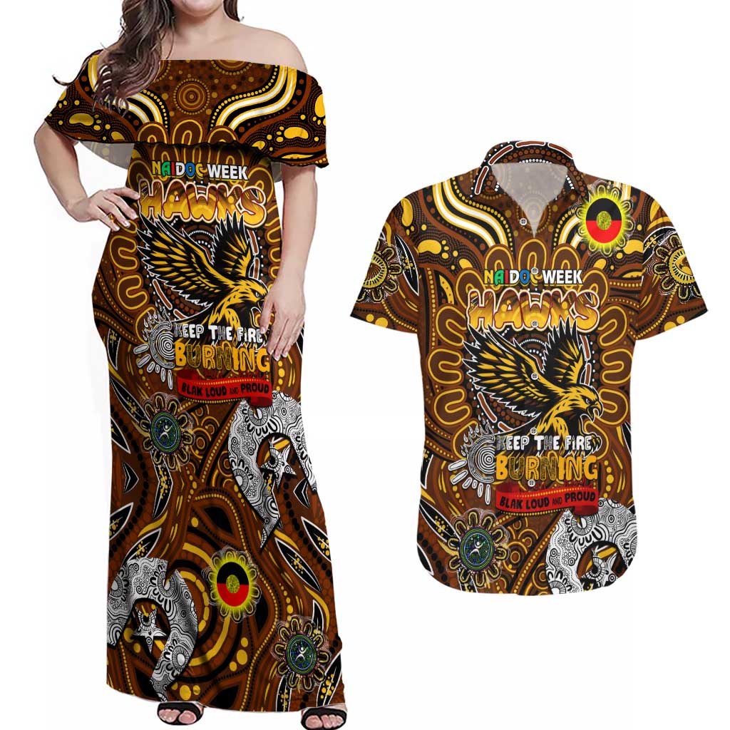 Custom Hawthorn Hawks NAIDOC Week 2024 Couples Matching Off Shoulder Maxi Dress and Hawaiian Shirt Mascot Football