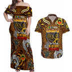 Custom Hawthorn Hawks NAIDOC Week 2024 Couples Matching Off Shoulder Maxi Dress and Hawaiian Shirt Mascot Football