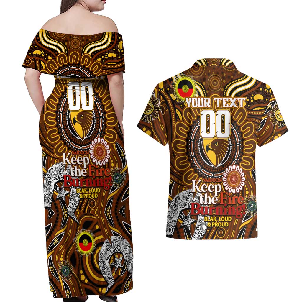 Custom Hawthorn Hawks NAIDOC Week 2024 Couples Matching Off Shoulder Maxi Dress and Hawaiian Shirt Mascot Football
