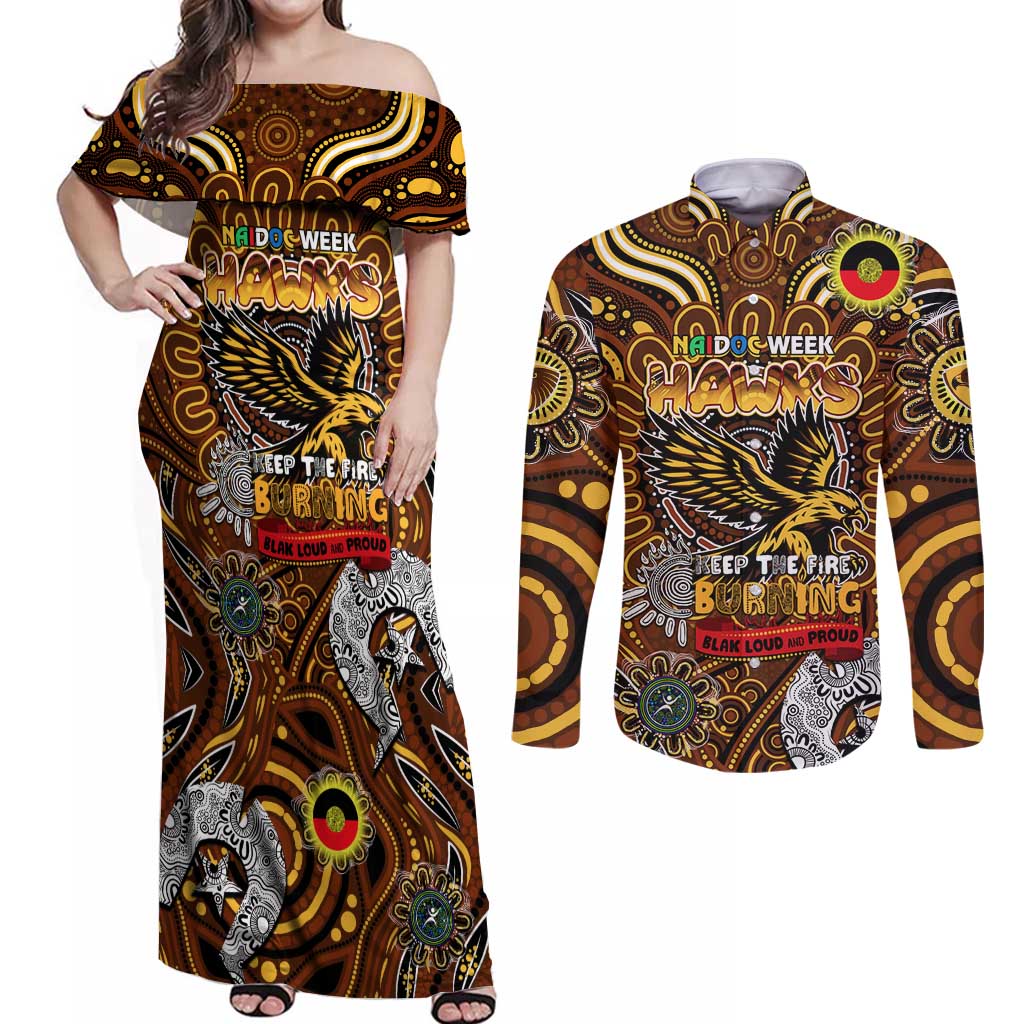 Custom Hawthorn Hawks NAIDOC Week 2024 Couples Matching Off Shoulder Maxi Dress and Long Sleeve Button Shirt Mascot Football