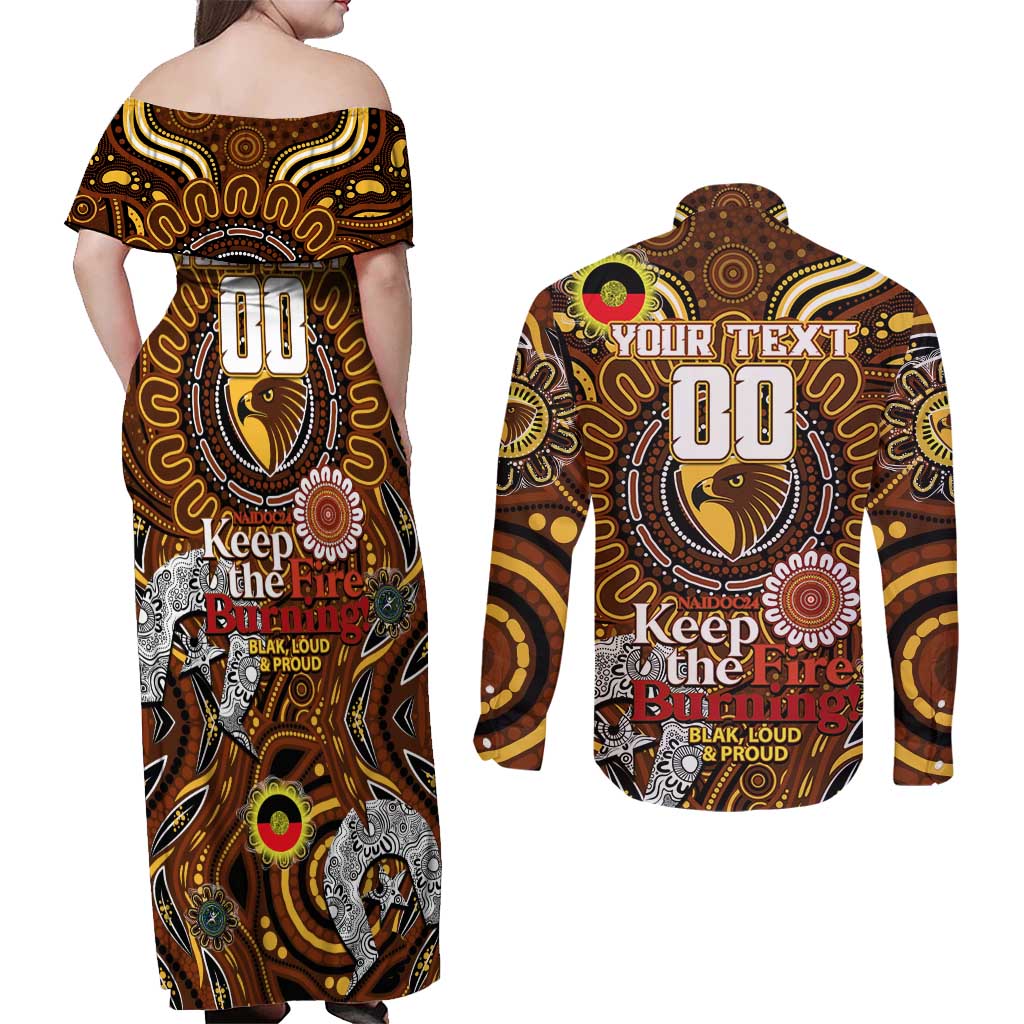 Custom Hawthorn Hawks NAIDOC Week 2024 Couples Matching Off Shoulder Maxi Dress and Long Sleeve Button Shirt Mascot Football