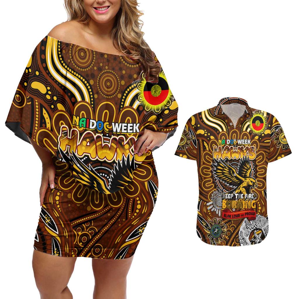 Custom Hawthorn Hawks NAIDOC Week 2024 Couples Matching Off Shoulder Short Dress and Hawaiian Shirt Mascot Football