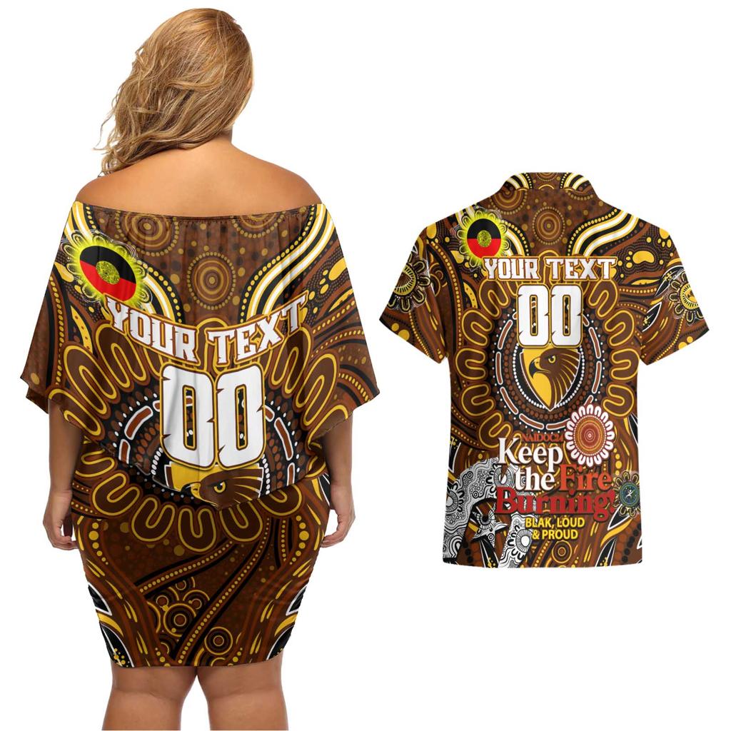 Custom Hawthorn Hawks NAIDOC Week 2024 Couples Matching Off Shoulder Short Dress and Hawaiian Shirt Mascot Football