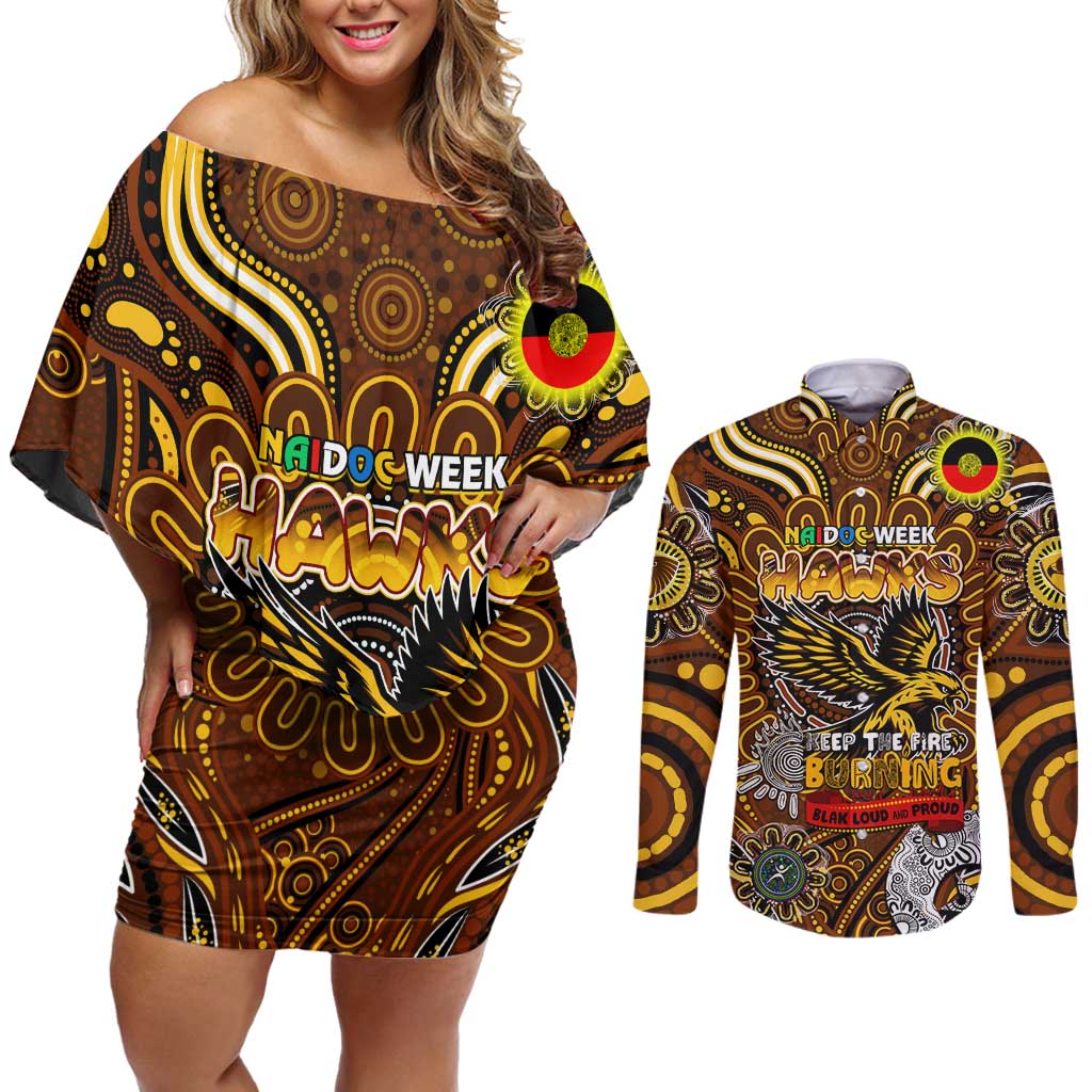 Custom Hawthorn Hawks NAIDOC Week 2024 Couples Matching Off Shoulder Short Dress and Long Sleeve Button Shirt Mascot Football