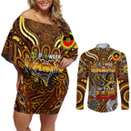 Custom Hawthorn Hawks NAIDOC Week 2024 Couples Matching Off Shoulder Short Dress and Long Sleeve Button Shirt Mascot Football