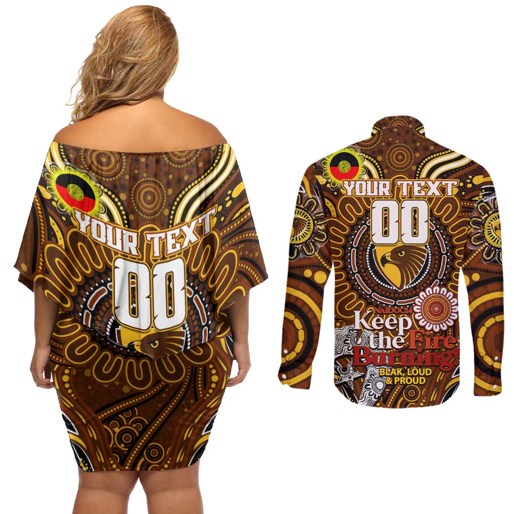 Custom Hawthorn Hawks NAIDOC Week 2024 Couples Matching Off Shoulder Short Dress and Long Sleeve Button Shirt Mascot Football