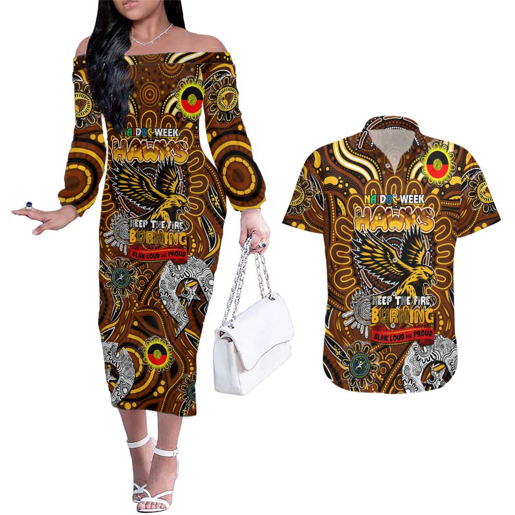Custom Hawthorn Hawks NAIDOC Week 2024 Couples Matching Off The Shoulder Long Sleeve Dress and Hawaiian Shirt Mascot Football